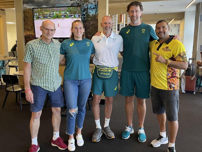 Timmy Duggan (far right) with Palmerston assistant Steve McGugan, four-time Australian Olympian in water polo Bronwen Knox, Boomers coach Brian Goorjian and his assistant Matthew Nielsen.