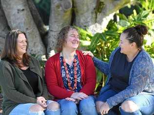 Roxy Tickle enjoying the beautiful Northern Rivers weather with softball teammates Shay Kelly and Lauren Forrester in Lismore. Picture: Marc Stapelberg