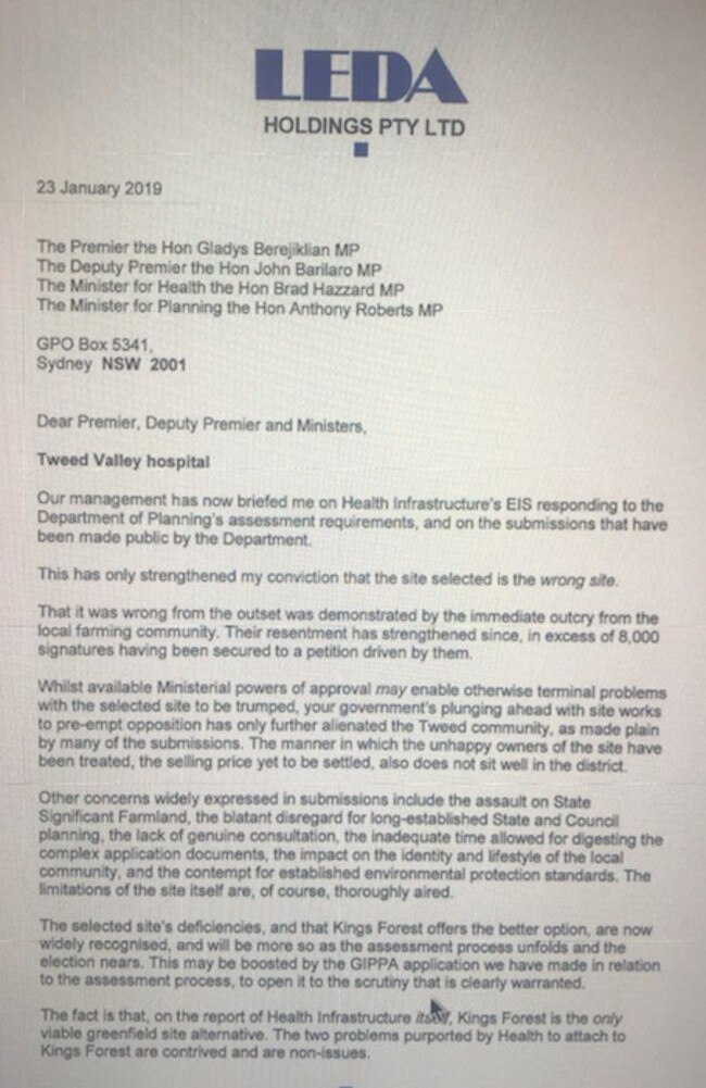 Mr Ell’s letter to the Premier and Coalition ministers …