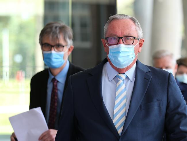 NSW Health Minister Brad Hazzard, NSW Health’s Dr Jeremy McAnulty at today’s Covid update. Picture: NCA NewsWire/ Gaye Gerard