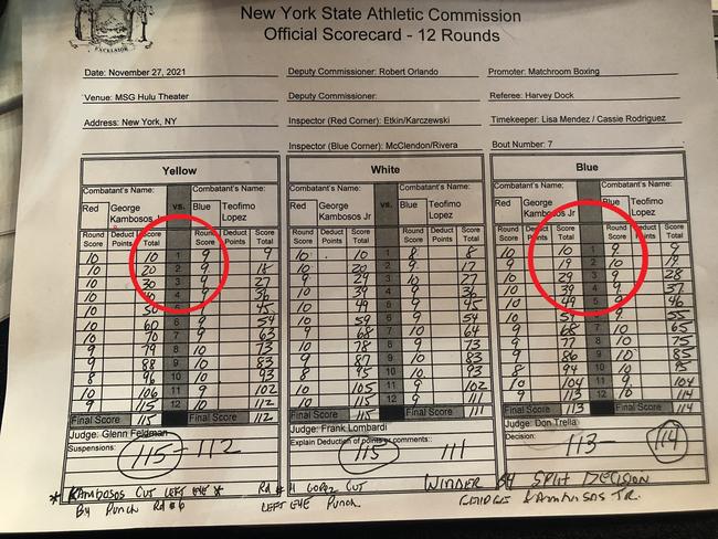 The official scorecard for the Kambosos-Lopez fight. Photo: Twitter, Dan Rafael.