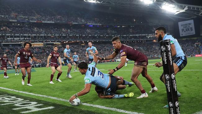 Latrell Mitchell crossing for a strong second half try. Picture. Phil Hillyard