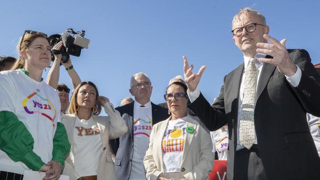 Prime Minister Anthony Albanese, Minister for Indigenous Australians Linda Burney and supporters of Yes23. Picture: Chris Kidd