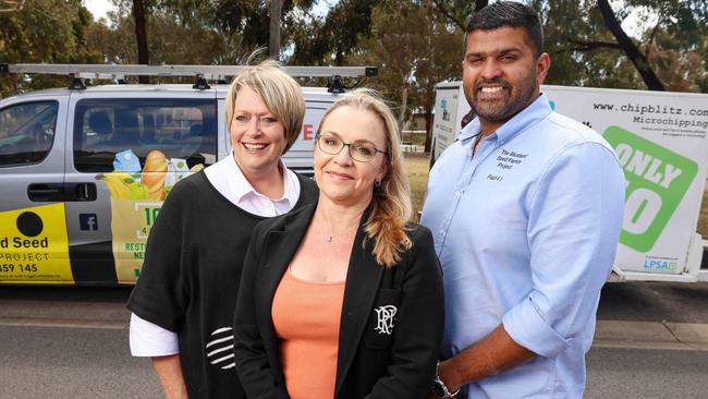 Help Awards founder Jodi Duyster, centre, with Christine Robertson and Georgi Thomas. Georgi is the founder of the Mustard Seed Family Project, a charity that supports homeless communities in Adelaide, while Christine is the director of Lost Pets of South Australia. Picture: Russell Millard