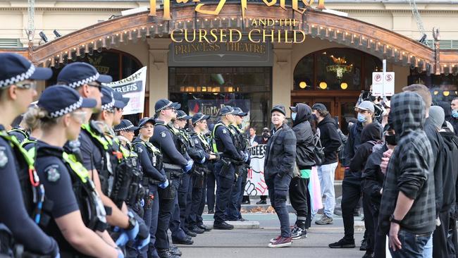 Victoria Police and protesters were in a stand off. Picture: Jake Nowakowski