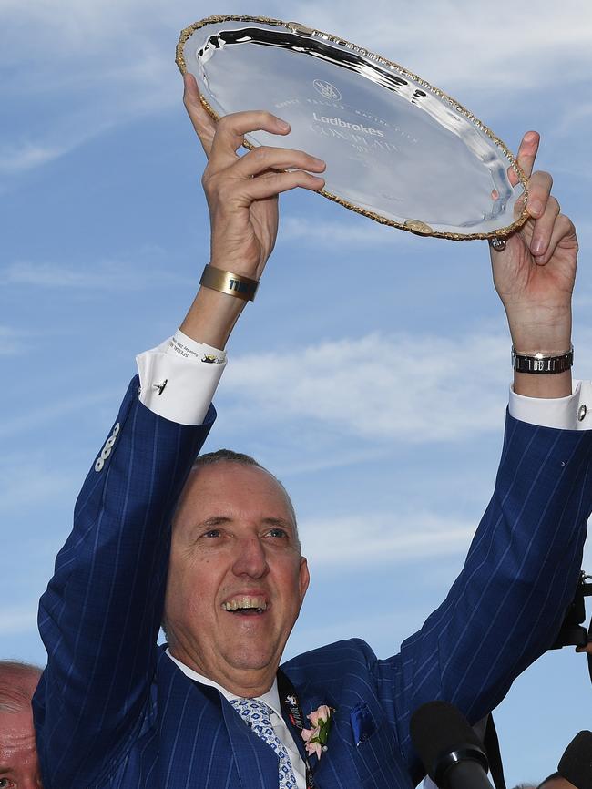 Winx owner Peter Tighe with this year’s Cox Plate. Picture: AAP