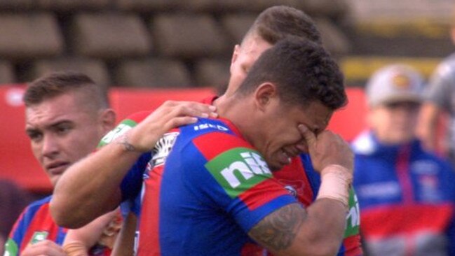 Dane Gagai crying on field in May 2016.