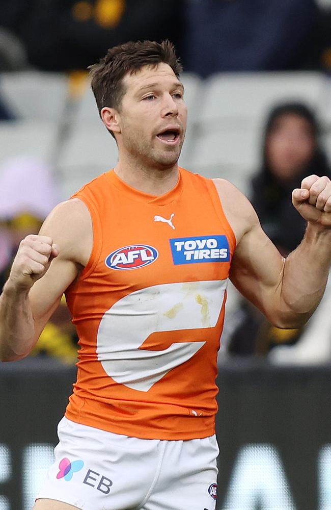 Toby Greene of the Giants celebrates a goal in one of the best individual games of his career. Picture: Mark Stewart