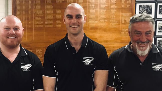 New Payneham Norwood Union coach Jace Bode (centre) with outgoing coach Garry McIntosh (right) and assistant Ben Hunt (left).