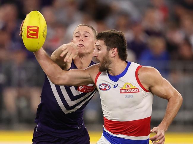 Marcus Bontempelli was stuck on the bench as Fremantle kicked away in the last quarter. Picture: Paul Kane/Getty Images