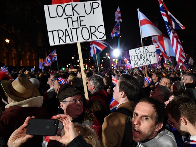 LONDON, ENGLAND - JANUARY 31: Pro Brexit supporters attend the Brexit Day Celebration Party hosted by Leave Means Leave at Parliament Square on January 31, 2020 in London, England. At 11.00pm on Friday 31st January the UK and Northern Ireland exits the European Union, 188 weeks after the referendum on June 23rd, 2016. (Photo by Jeff J Mitchell/Getty Images)