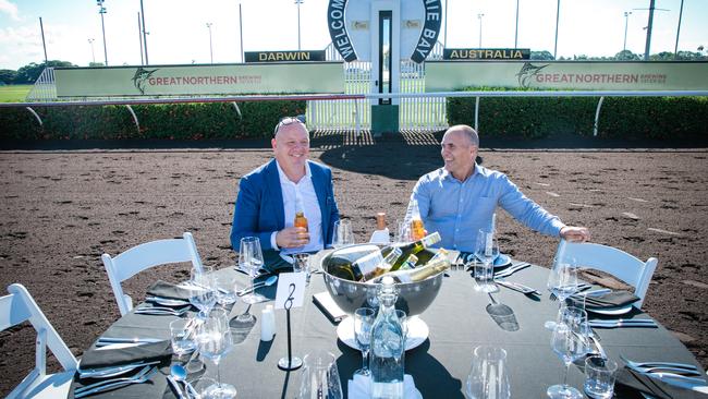 Brad Fanning and Brad Morgan at the Darwin Turf Club. Picture: Glenn Campbell