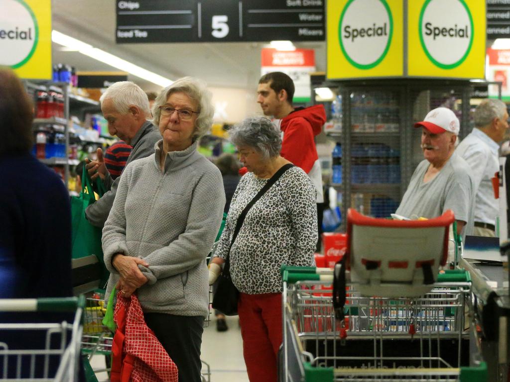 Seniors at Woolworths in Glenhuntly, Melbourne, early in the morning. Picture: Mark Stewart