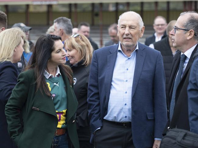 Official announcement for the 19th AFL licence for a Tasmanian team, Colin Carter, centre, at North Hobart Oval. Picture: Chris Kidd