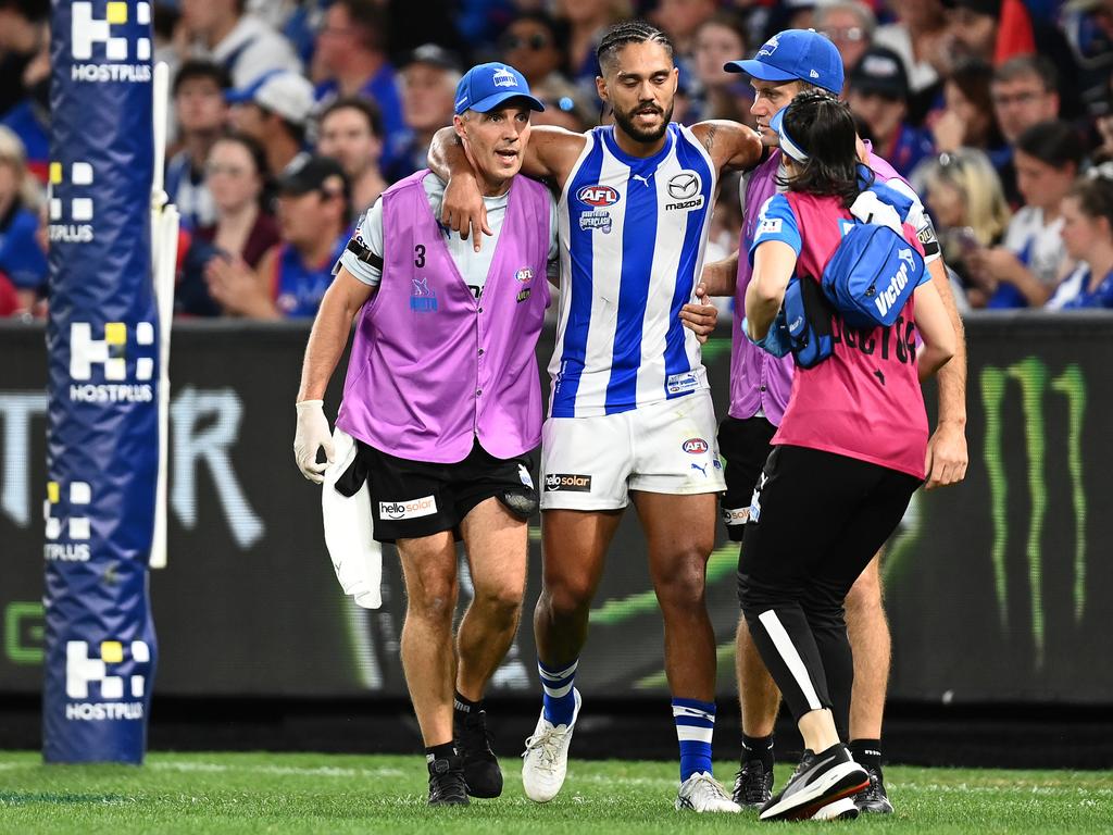 Luckless Roo Aaron Hall appears to have suffered a hamstring injury. Picture: Getty Images