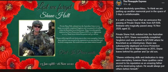 ¬Memorial post for Private Shane Holt posted by The Pineapple Express on November 20, 2020, with family’s permission