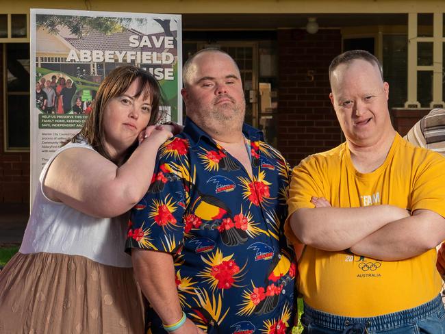 4th of May 2025  - Residents (L-R) Cara Williams, Sarah Byrne, Jacob Milbank, Brendan Stone, Philip Humphries and Stuart Lee  at the Abbeyfield Home in Edwardstown fear losing their homes of over 15 years, after council proposes to sell the home. Photo: Naomi Jellicoe