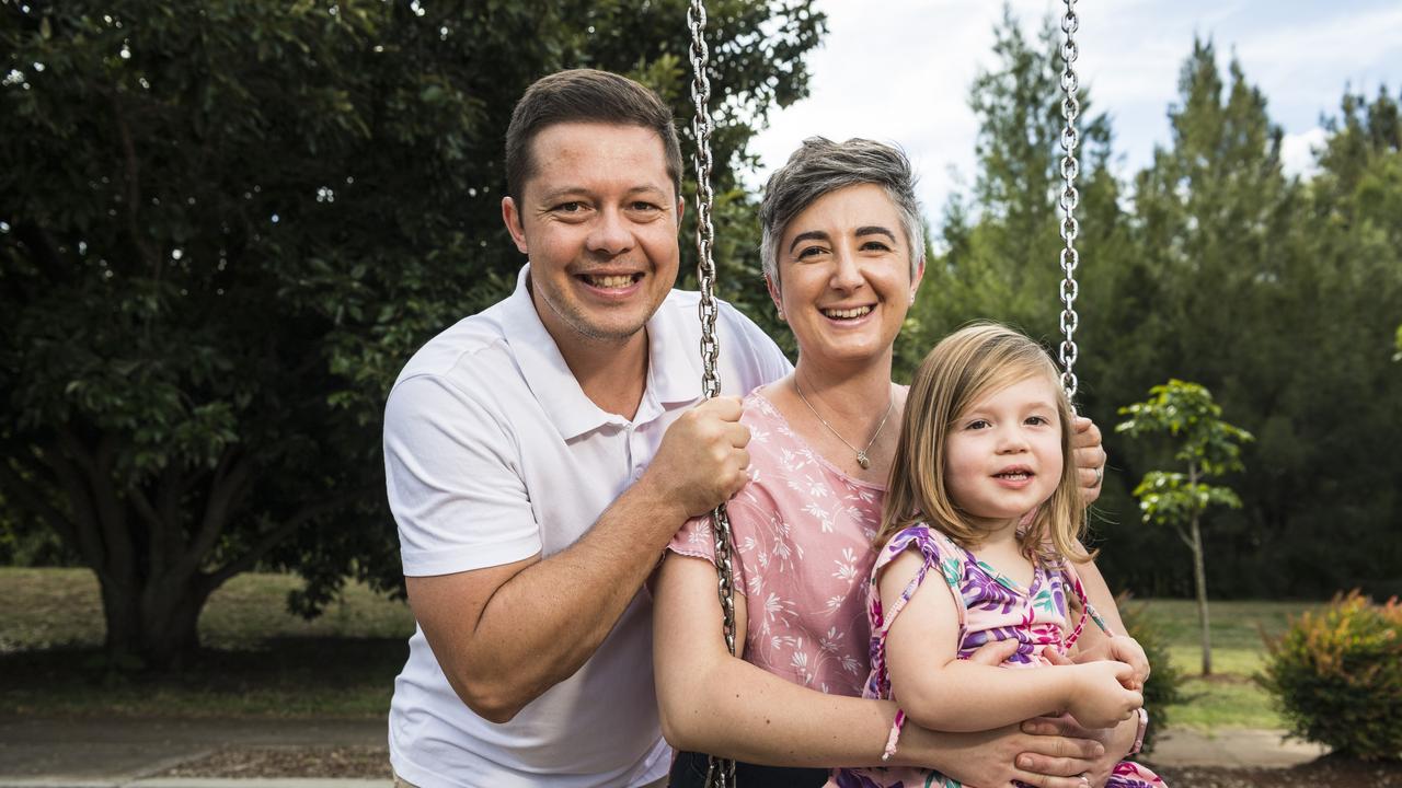 Lana Panagis and Shaun Sewry with their daughter Zoe Sewry love the freedom of Toowoomba after recently leaving Johannesburg to live in Australia. Picture: Kevin Farmer