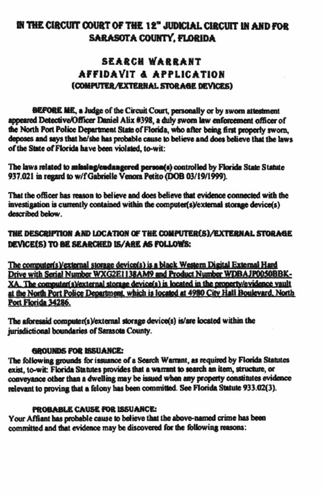 Search warrant from Florida police for the family home of missing suspect Brian Laundrie.