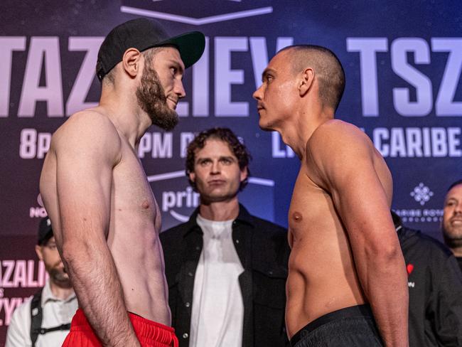 Former world champion Tim Tszyu and IBF Super Welterweight World Champion Bakhram Murtazaliev go face to face. Picture: No Limit Boxing