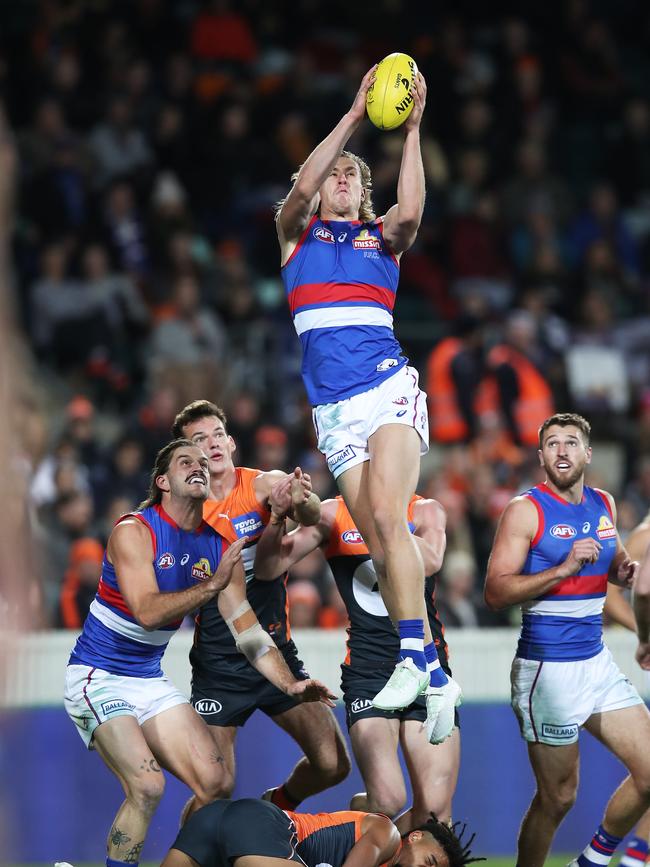 Aaron Naughton controlled the air for the Bulldogs in the Round 6 win. Picture: Matt King/AFL Photos