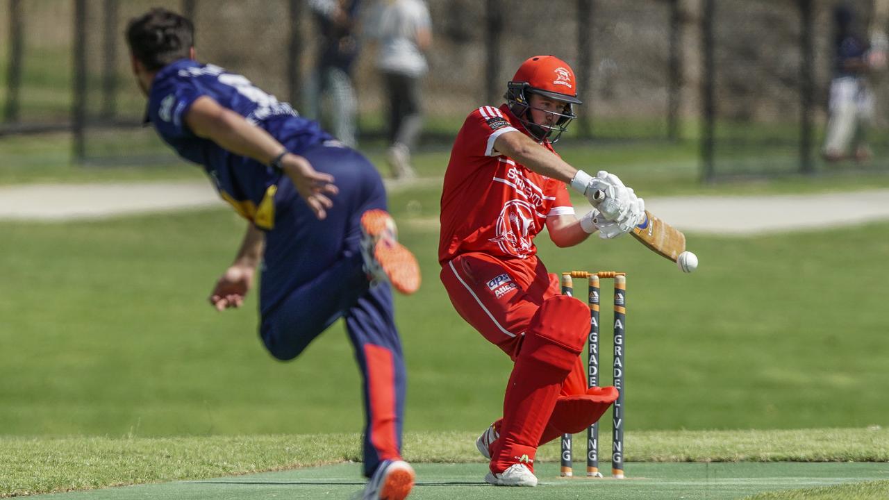 MPCA - Sorrento’s Jedd Falck watches the ball onto the bat. Picture: Valeriu Campan