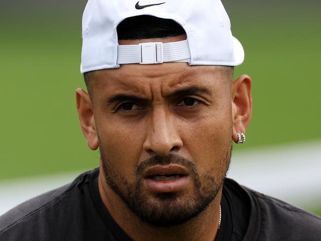 LONDON, ENGLAND - JULY 02: Nick Kyrgios of Australia looks on during a practice session ahead of The Championships - Wimbledon 2023 at All England Lawn Tennis and Croquet Club on July 02, 2023 in London, England. (Photo by Patrick Smith/Getty Images)