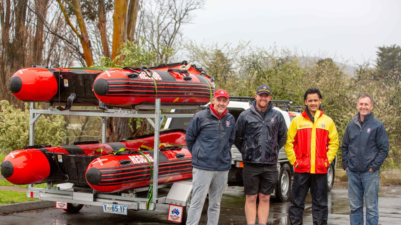 Stuart Raynor, Jake Wickert, Morgan Evans, and Matt Carlin from Surf Life Saving Tasmania in New Norfolk are ready with boats where needed. Picture: Linda Higginson