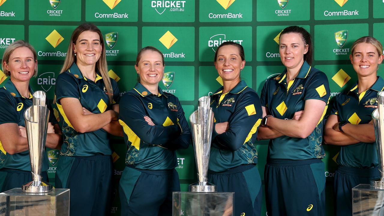 Beth Mooney, Annabel Sutherland, Alyssa Healy, Ashleigh Gardner, Tahlia McGrath and Phoebe Litchfield with their winning T20 World Cup trophies, all won with Meg Lanning as captain. Picture: Brendon Thorne/Getty Images for Cricket Australia