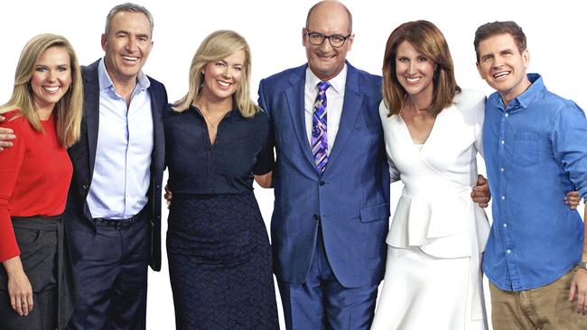 The former Sunrise team, from left, Edwina, Bartholomew, Mark Beretta, Samantha Armytage, David Koch, Natalie Barr and Sam Mac.