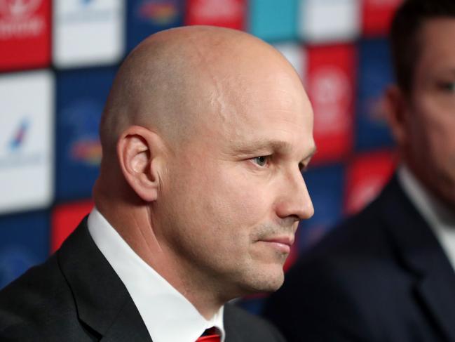 Matthew Nicks (left) speaks to the media during a press conference at the Crows headquarters in Adelaide, Tuesday, October 15, 2019. Matthew Nicks has been announced as new head coach of the Adelaide Crows. (AAP Image/Kelly Barnes) NO ARCHIVING