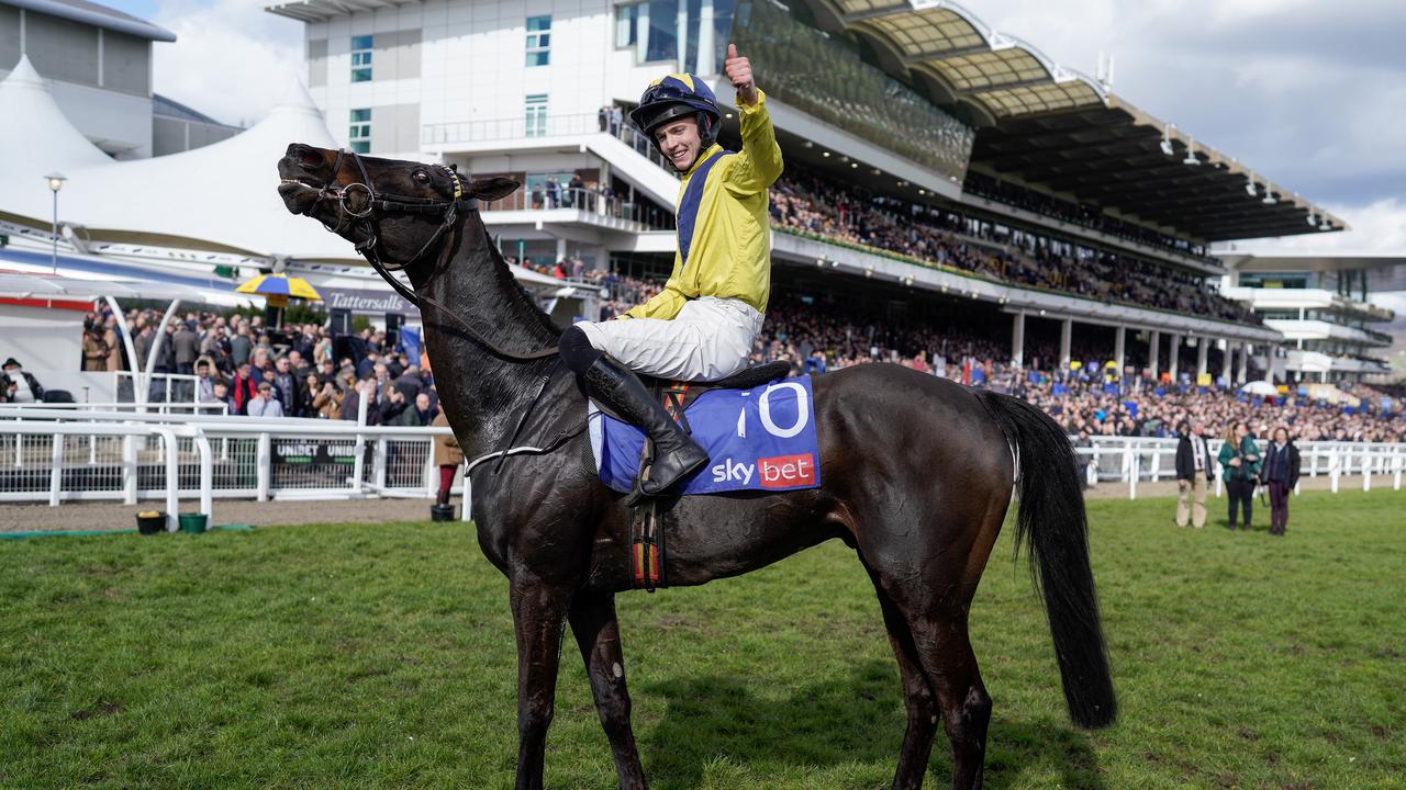 Michael O'Sullivan riding Marine Nationale celebrate winning The Sky Bet Supreme Novices' Hurdle. Photo by Alan Crowhurst/Getty Images.