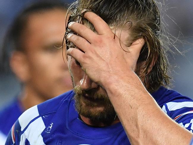 A dejected Kieran Foran of the Bulldogs during their loss to the Dragons in Round 13 NRL match between the Canterbury-Bankstown Bulldogs and the St George Illawarra Dragons at ANZ Stadium in Sydney, Monday, June 10, 2019. (AAP Image/Dean Lewins) NO ARCHIVING, EDITORIAL USE ONLY