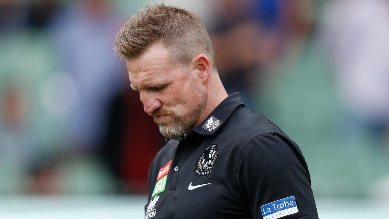 MELBOURNE, AUSTRALIA - MAY 01: Nathan Buckley, Senior Coach of the Magpies looks on during the 2021 AFL Round 07 match between the Collingwood Magpies and the Gold Coast Suns at the Melbourne Cricket Ground on May 01, 2021 in Melbourne, Australia. (Photo by Michael Willson/AFL Photos via Getty Images)