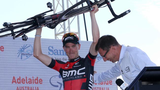 Rohan Dennis on stage with commentator Paul Sherwen during the 2015 Tour Down Under. Photo: Sarah Reed