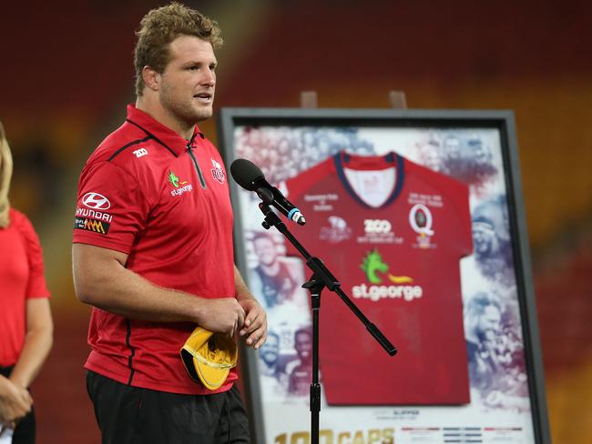 Reds captain James Slipper thanks the crowd reaching 100 Reds caps.