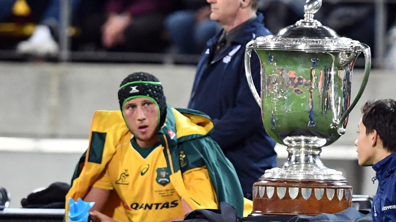 Adam Coleman of Australia in the sinbin next to the Bledisloe Cup in 2016.