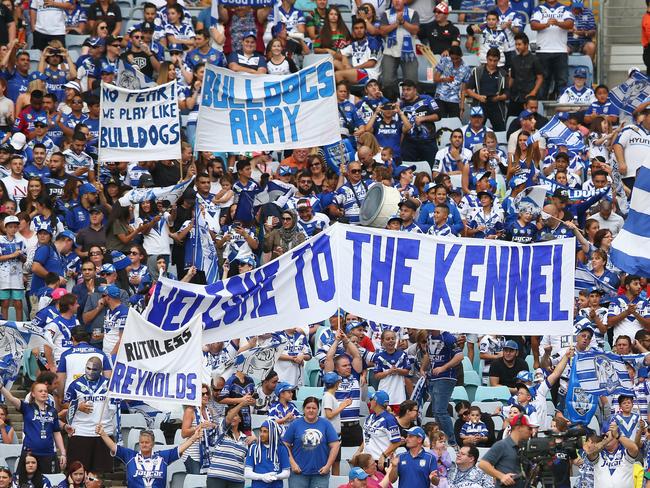 Bulldogs supporters cheer for their team at ANZ Stadium.