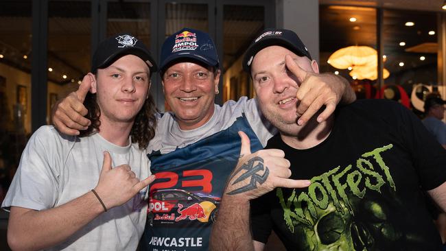 Brodie Parker, Mark Gamble and Jamie Parker were among thousands of racing fans welcomed the Night Transporter Convoy into the Darwin CBD ahead of the 2023 Darwin Supercars. Picture: Pema Tamang Pakhrin