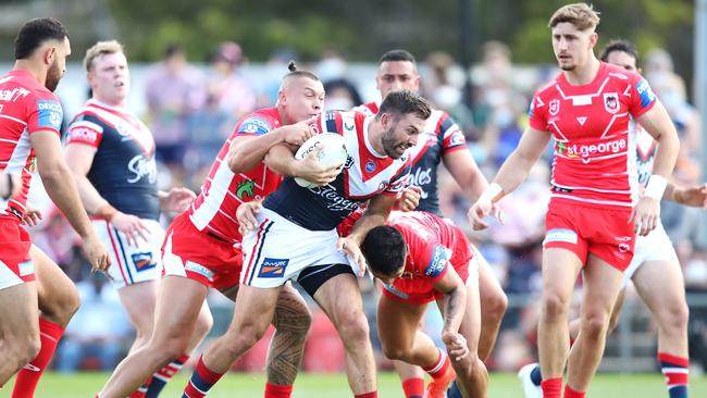 James Tedesco on his way to making 280m against St George Illawarra in Toowoomba. (Photo by Jono Searle/Getty Images)