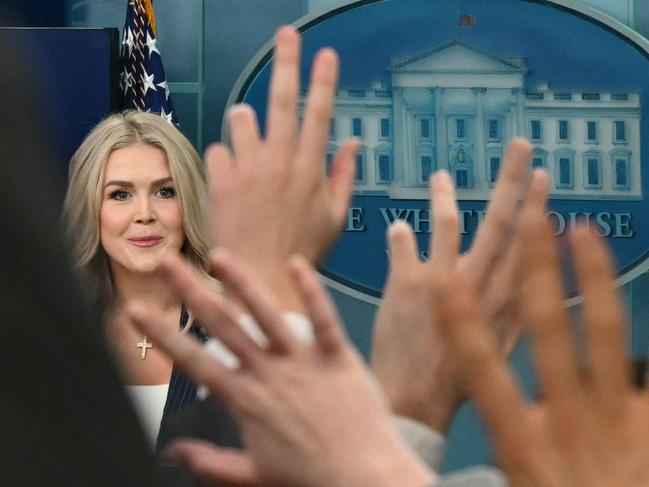 TOPSHOT - White House Press Secretary Karoline Leavitt speaks during the daily briefing in the Brady Briefing Room of the White House in Washington, DC, on February 12, 2025. (Photo by ANDREW CABALLERO-REYNOLDS / AFP)