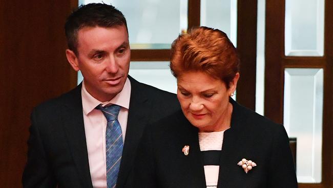 One Nation Leader Pauline Hanson and her adviser James Ashby at Parliament House in Canberra. Picture: AAP