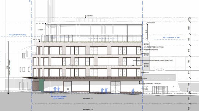 Plans of the northern elevation of the site showcase the increased height maximum from 16m to 21.84m. Picture: AE Design Partnership Pty Ltd