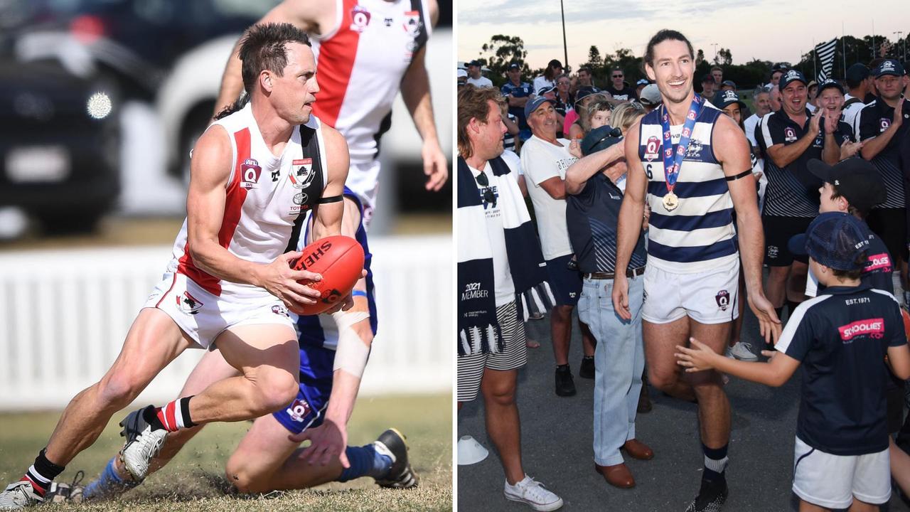 Morningside player Matthew Payne and Broadbeach Cats forward Jordan Moncrieff. Pictures: Highflyer Images Deion Menzies.