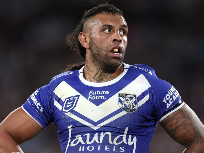 SYDNEY, AUSTRALIA - AUGUST 30:  Josh Addo-Carr of the Bulldogs looks on during the round 26 NRL match between Canterbury Bulldogs and Manly Sea Eagles at Accor Stadium on August 30, 2024, in Sydney, Australia. (Photo by Cameron Spencer/Getty Images)