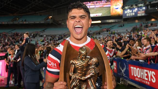 Latrell Mitchell of the Roosters celebrates following their win in the 2019 NRL Grand Final between the Canberra Raiders and the Sydney Roosters at ANZ Stadium in Sydney, Sunday, October 6, 2019. (AAP Image/Dan Himbrechts) NO ARCHIVING, EDITORIAL USE ONLY