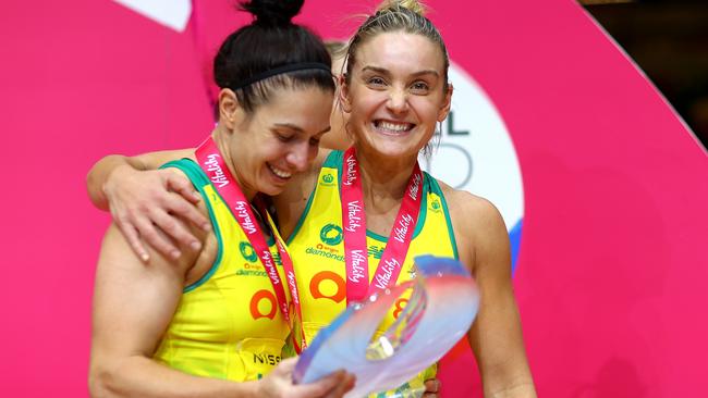 Liz Watson and Ash Brazill celebrate with the trophy after the 2022 Netball Quad Series finals. The pair are all but locked in for the Commonwealth Games. Photo: Getty Images