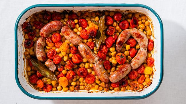 Sausage and chickpea bake. Recipe by Elizabeth Lizzie Hewson. Photo: Nikki To / TWAM