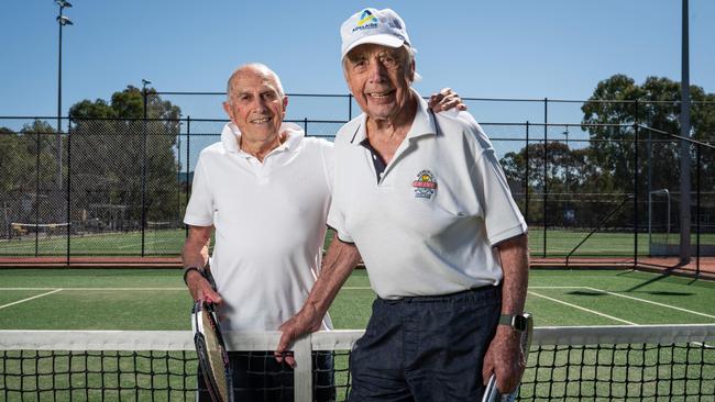 Henry Young, right, on his 100th with Michael Donaldson, 90, at the South Parkland Hockey &amp; Tennis Centre. Mr Young previously played tennis in January in the "Clash of the Centurions" with Ukranian counterpart Leonid Stanislavskyi. Picture: Naomi Jellicoe