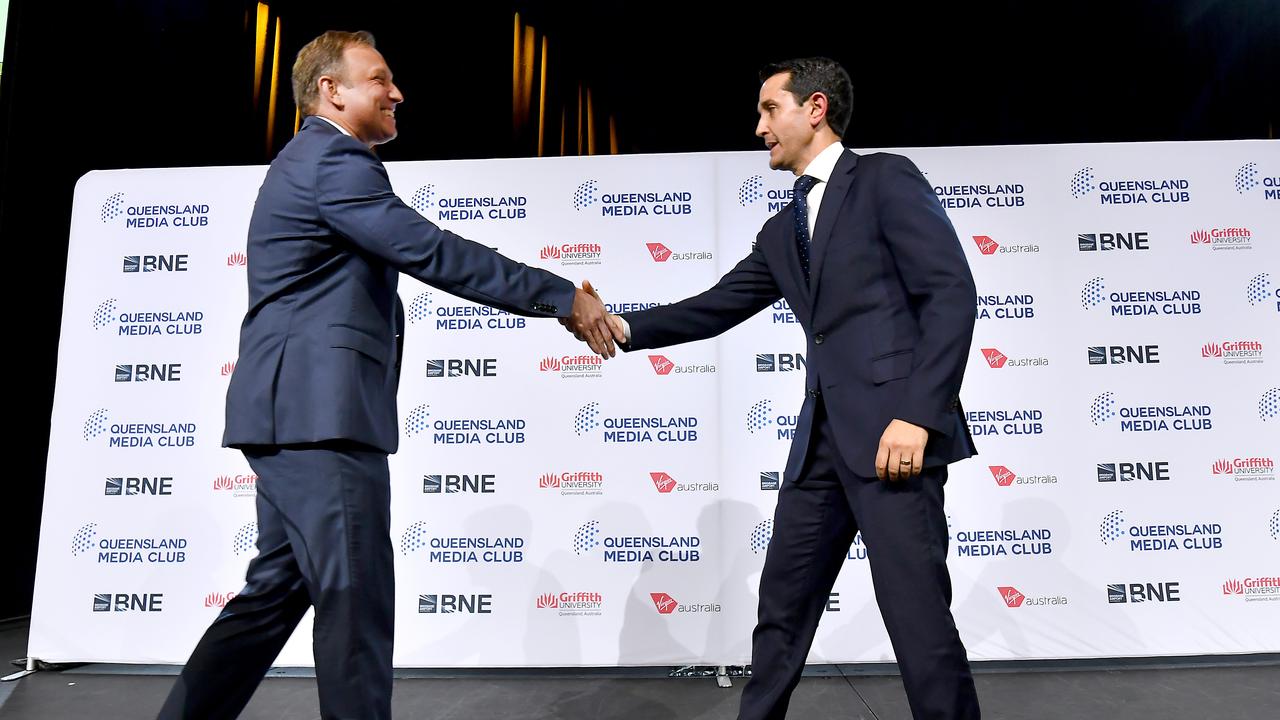 Queensland Premier Steven Miles and Opposition Leader David Crisafulli ahead of their debate at the Queensland Media Club. Picture: NewsWire / John Gass